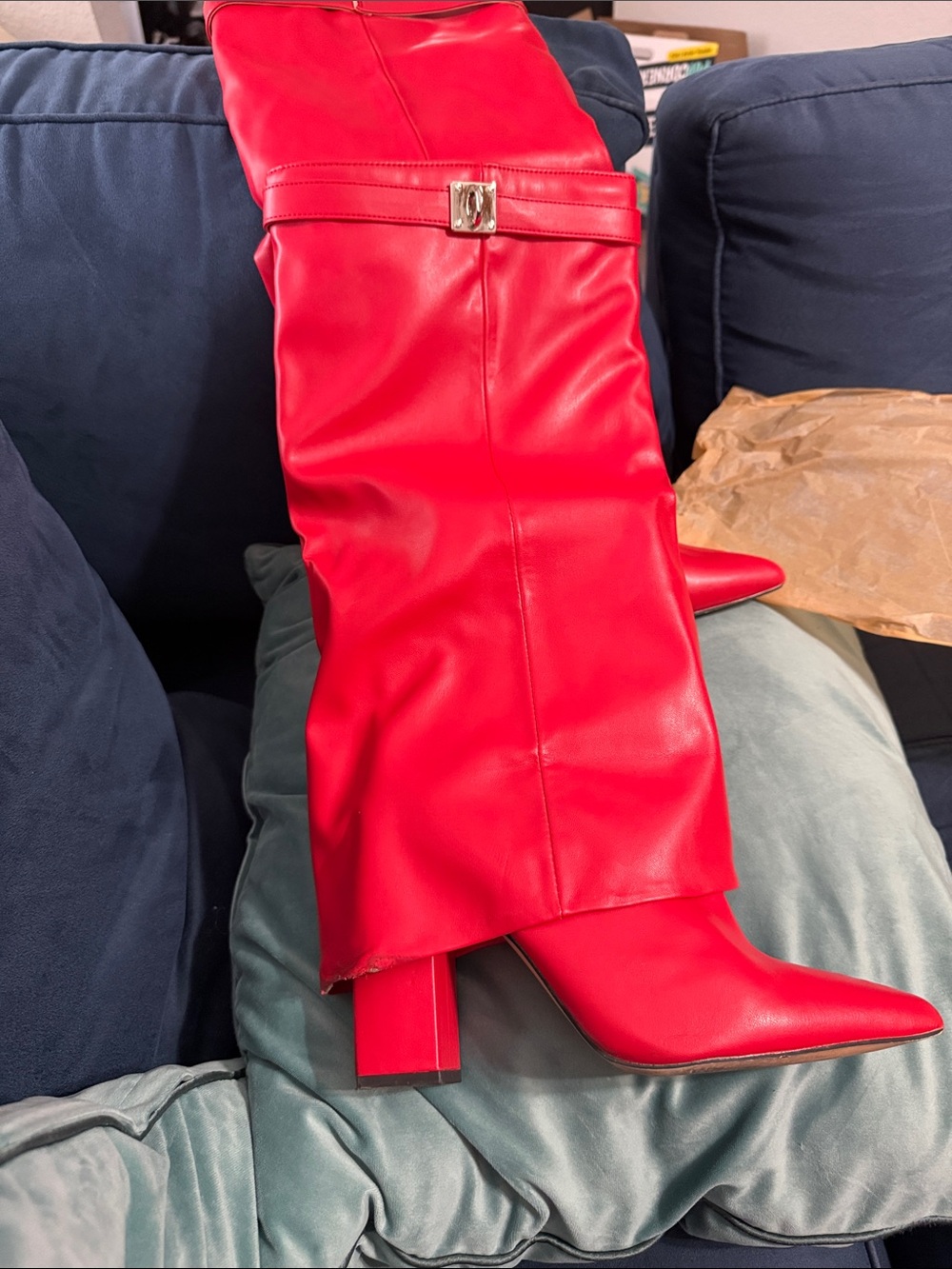 Public Desire Red Over-the-Knee Pointed Toe Block Heel Boots
